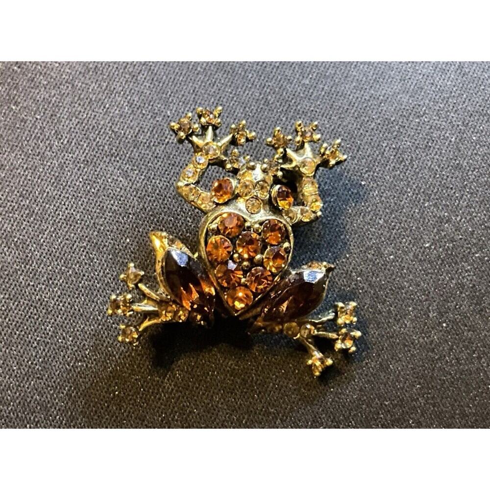 Gold Tone Amber Hued Citrine Colored Rhinestone Tree Frog Brooch